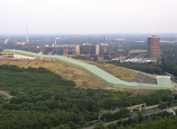 An external view of Alpincenter Bottrop (Germany) amidst trees and grassland with the town behind it. 